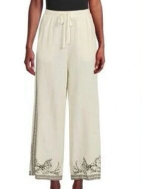Max Studio Pants Size Large Wide Leg Drawstring White Print Linen Blend